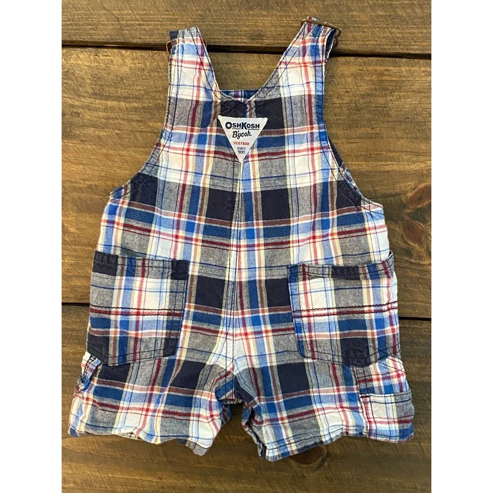 OshKosh B'gosh Plaid Vestbak Shortalls Bib Overalls Blue/Red/White Boys 6 Months